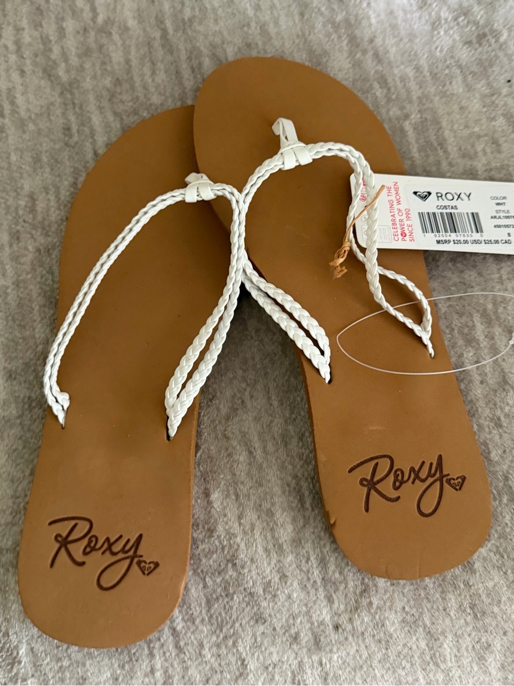 Roxy White Braided Thong Sandals with Tan Footbed